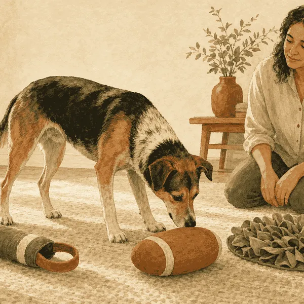 A mixed-breed dog sniffs three large toys on a rug while a caregiver kneels nearby.