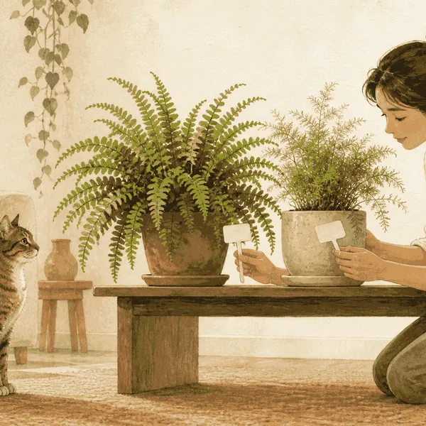 A tabby cat watches as a caregiver compares labels on a Boston fern and an asparagus fern in a bright living room.