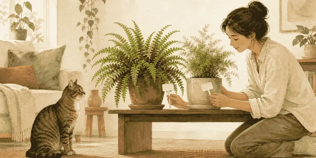 A tabby cat watches as a caregiver compares labels on a Boston fern and an asparagus fern in a bright living room.