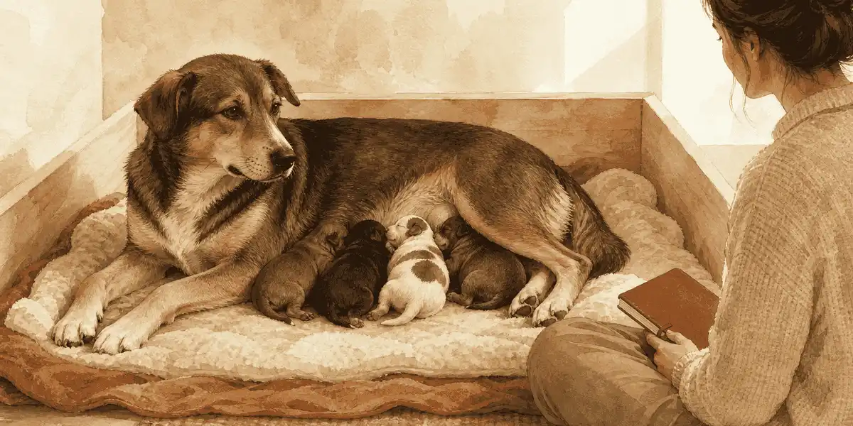 A mother dog resting with her newborn puppies in a clean, sheltered nest while a caregiver observes nearby.
