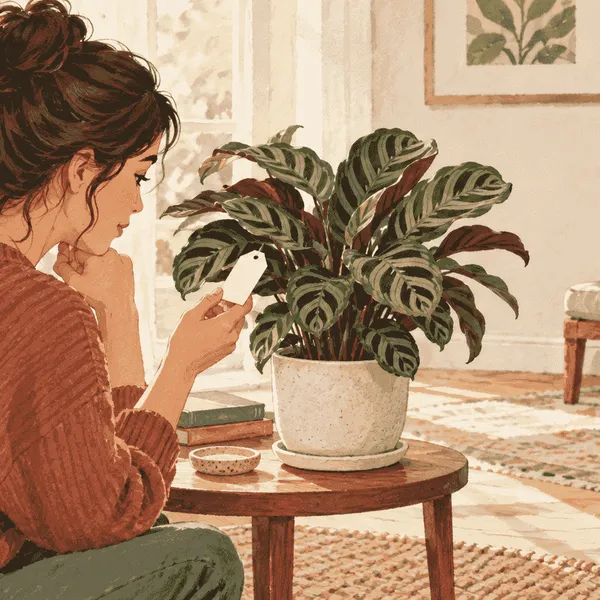 A tabby cat rests on a perch while a caregiver checks a blank label on a potted Calathea from across the room.