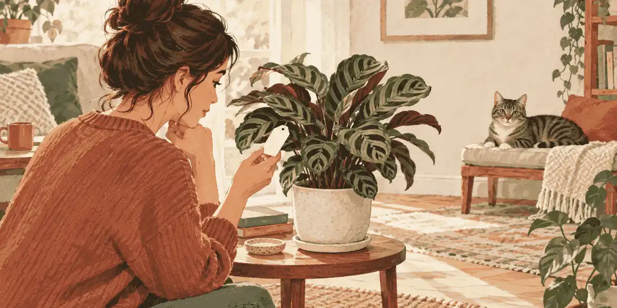 A tabby cat rests on a perch while a caregiver checks a blank label on a potted Calathea from across the room.