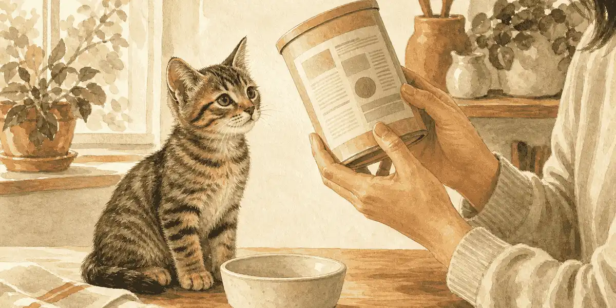 A tabby kitten watches a person read an unbranded food label beside an empty ceramic bowl.
