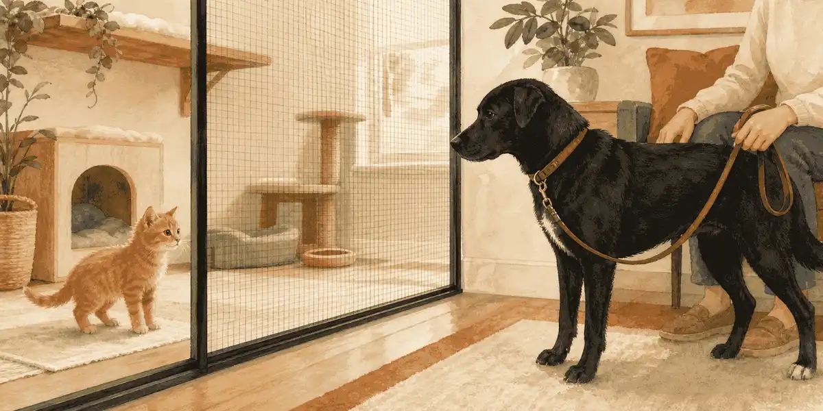 Ginger kitten watching a calm black dog from opposite sides of a secure indoor mesh barrier.