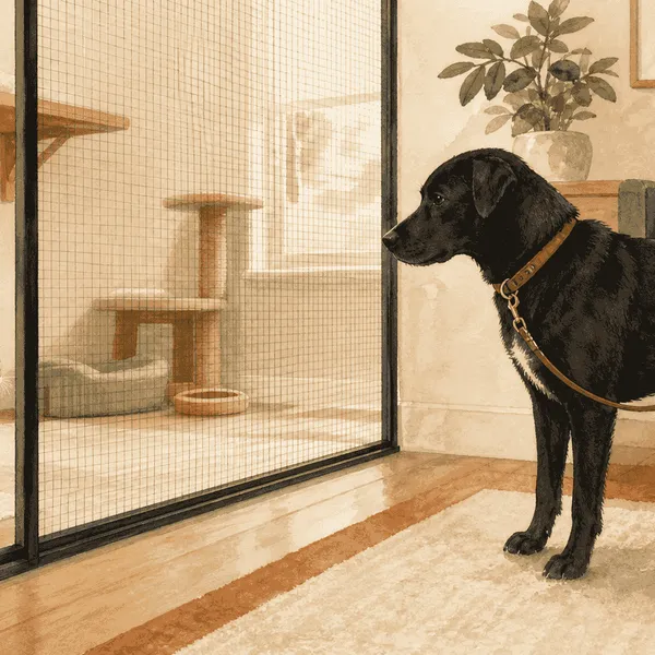 Ginger kitten watching a calm black dog from opposite sides of a secure indoor mesh barrier.