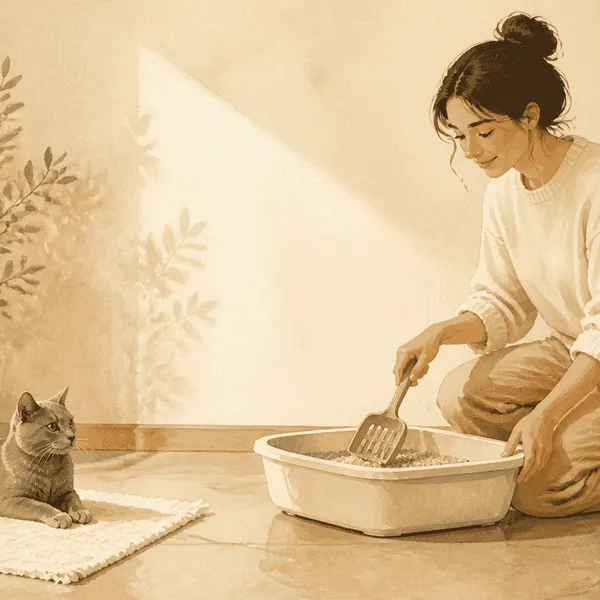 A caregiver calmly cleans an open litter box while a gray cat rests nearby on a small rug.