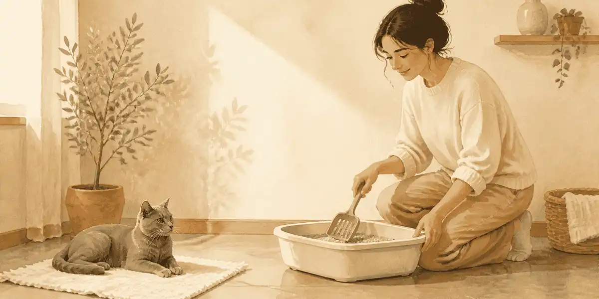 A caregiver calmly cleans an open litter box while a gray cat rests nearby on a small rug.
