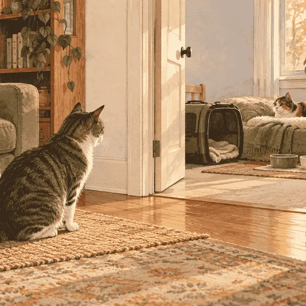 Two domestic cats remain on separate sides of an open interior doorway after one returns from a veterinary visit.