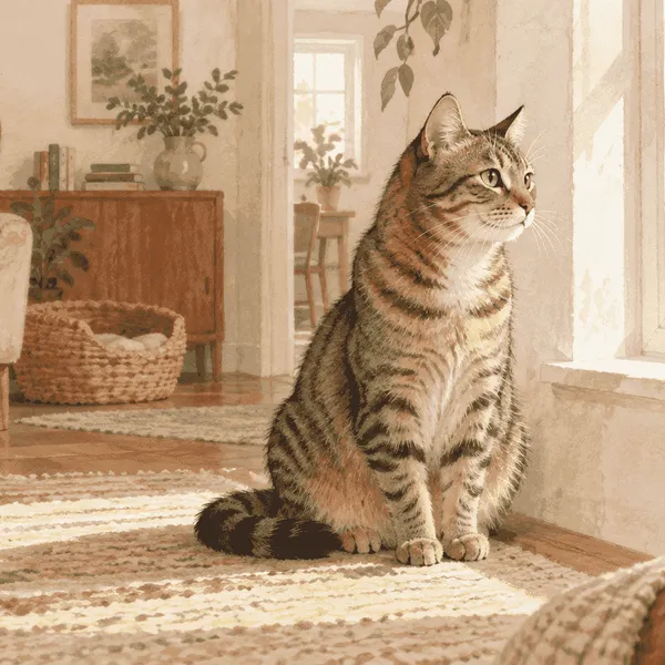 A tabby cat sits near a sunlit window while a caregiver observes its eyes and body from a respectful distance.