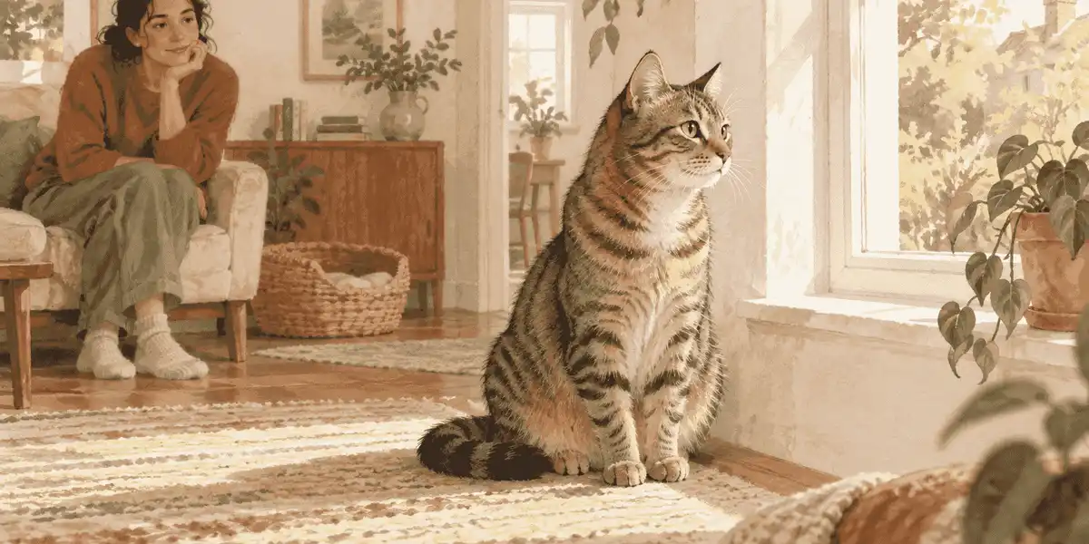 A tabby cat sits near a sunlit window while a caregiver observes its eyes and body from a respectful distance.