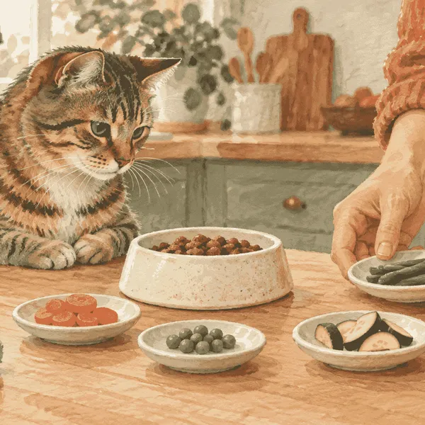 A tabby cat watches a caregiver compare a few plain vegetables beside the cat's complete food bowl.