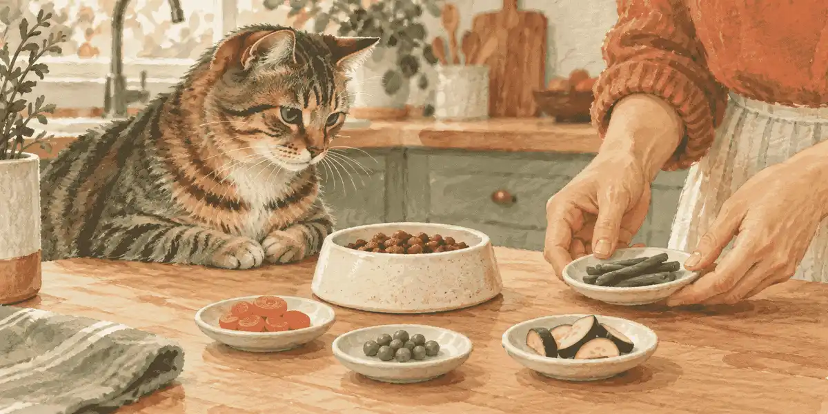 A tabby cat watches a caregiver compare a few plain vegetables beside the cat's complete food bowl.