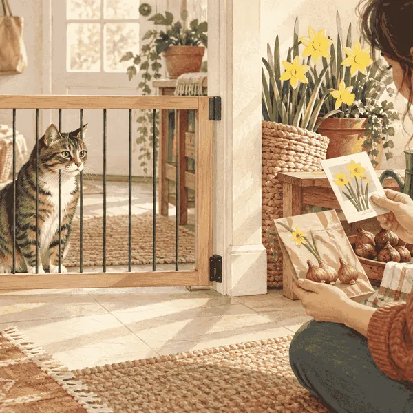 A tabby cat watches from behind a low gate while a caregiver checks a daffodil bulb packet and plant label.
