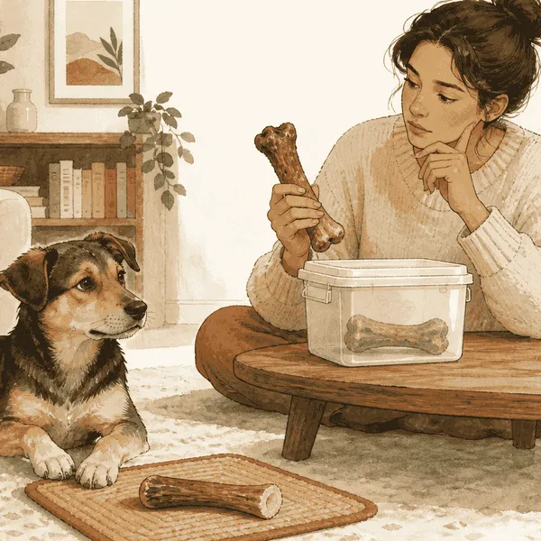 A young mixed-breed dog waits on a rug while a caregiver holds a large bone beside a container of bones in a warm living room.