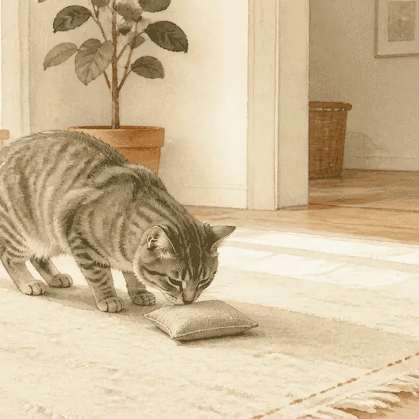 A gray tabby cat sniffs a small fabric catnip pouch on a cream rug near a sunlit window.