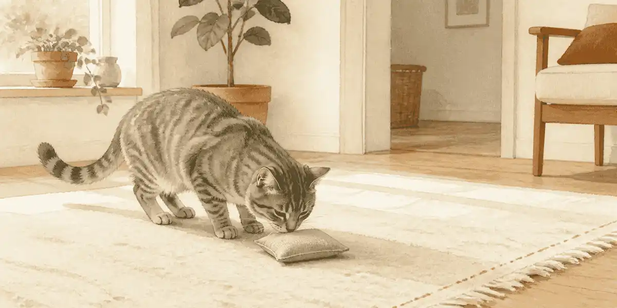 A gray tabby cat sniffs a small fabric catnip pouch on a cream rug near a sunlit window.
