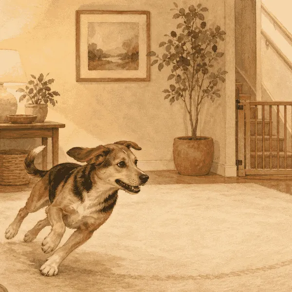A young dog running across a clear living-room rug while a caregiver closes a stair gate.