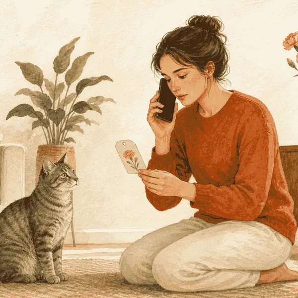 A gray tabby cat sits beside a calm caregiver holding a carnation plant label while a vase of pink carnations remains out of reach.