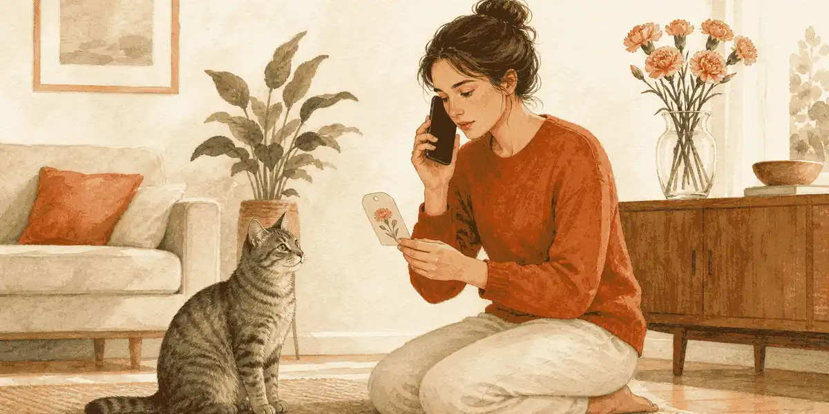 A gray tabby cat sits beside a calm caregiver holding a carnation plant label while a vase of pink carnations remains out of reach.