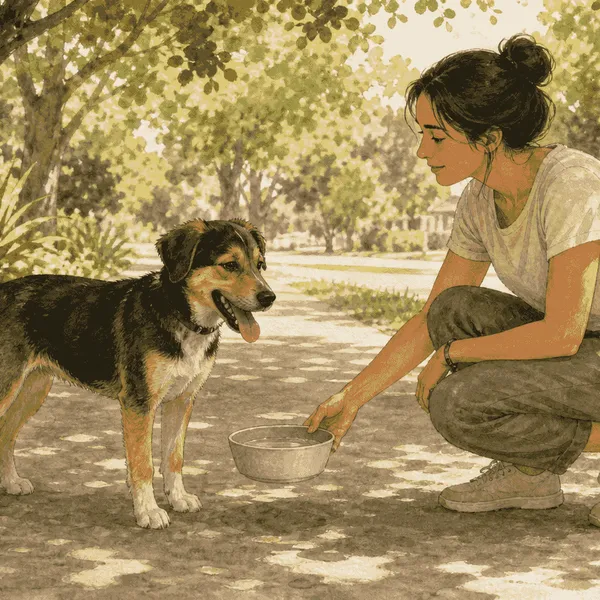 A young dog stands in tree shade beside a calm caregiver holding a water bowl after a warm walk.