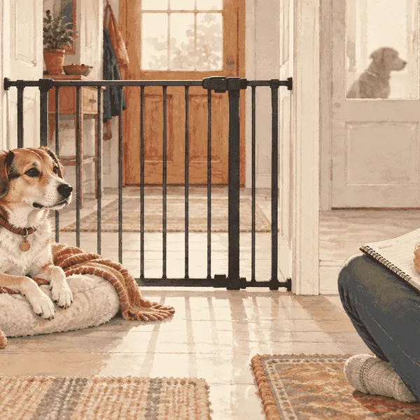 A caregiver records a female dog's heat-cycle changes while the dog rests calmly behind a secure indoor gate.