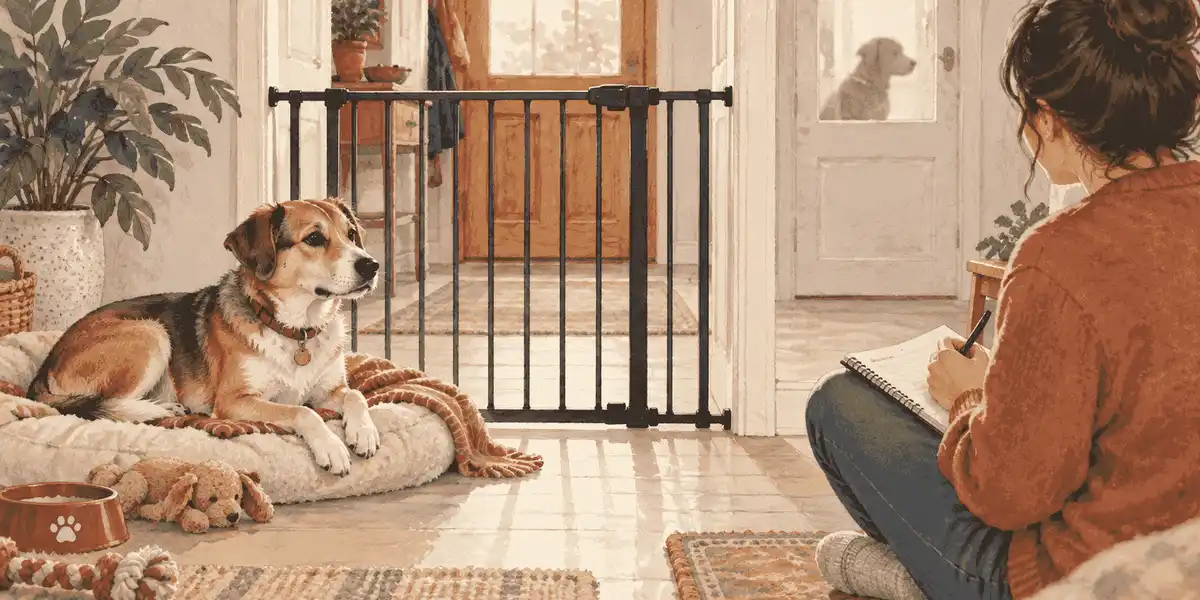 A caregiver records a female dog's heat-cycle changes while the dog rests calmly behind a secure indoor gate.