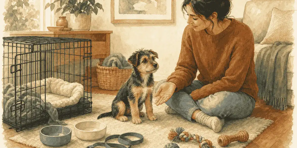 Small mixed-breed puppy sitting beside a caregiver, an open crate, bowls, a leash, and chew toys.