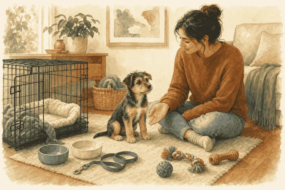 Small mixed-breed puppy sitting beside a caregiver, an open crate, bowls, a leash, and chew toys.