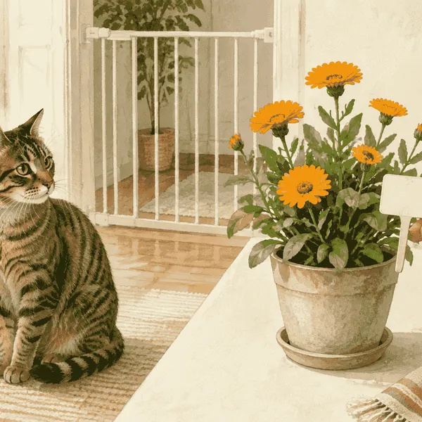 A tabby cat watches from behind a low gate while a caregiver checks the label on a potted Garden Marigold.