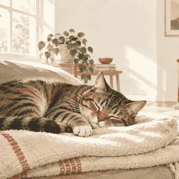 A tabby cat sleeps on a folded blanket while a caregiver watches from a respectful distance.