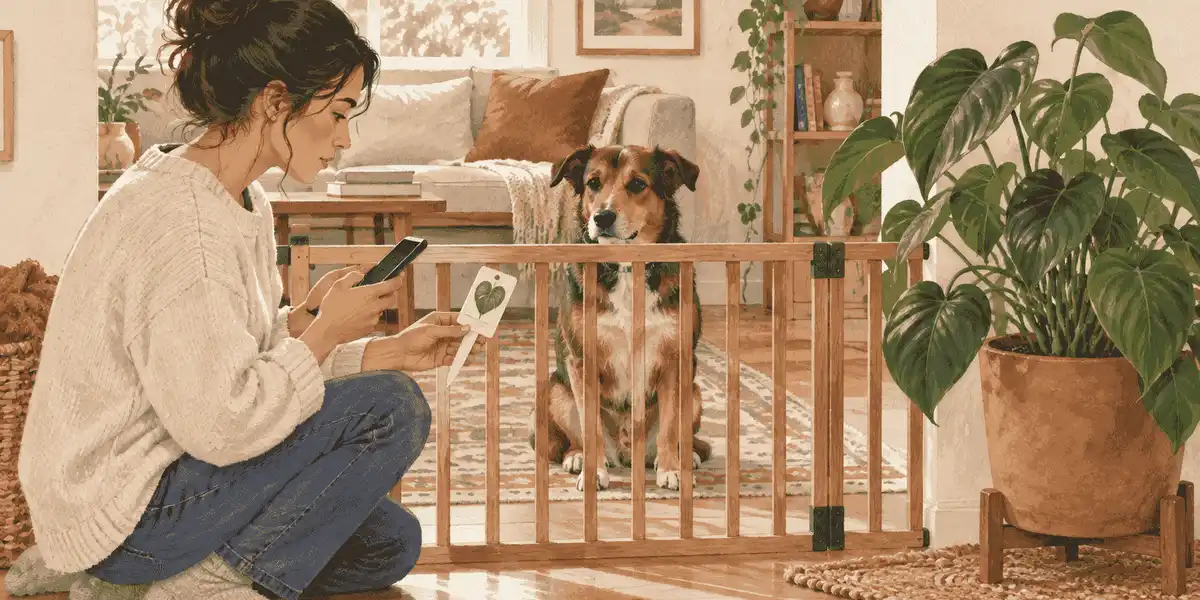 A dog waits behind a low gate while a caregiver checks the label on a potted philodendron in a warm living room.