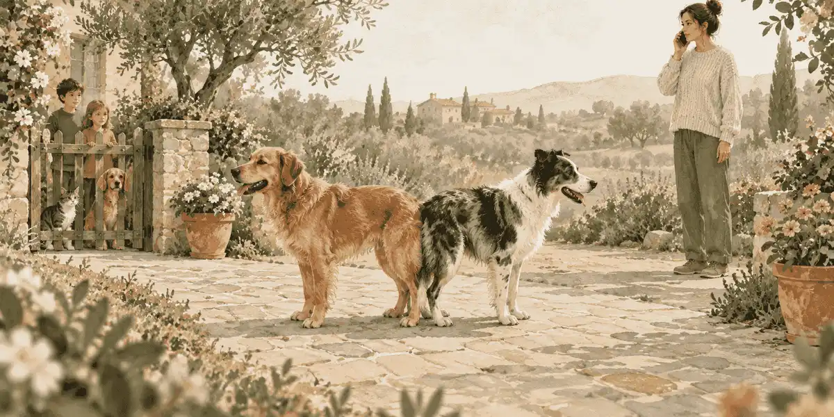 Two dogs stand calmly in a garden while a caregiver calls a veterinarian and children and another pet remain behind a gate.