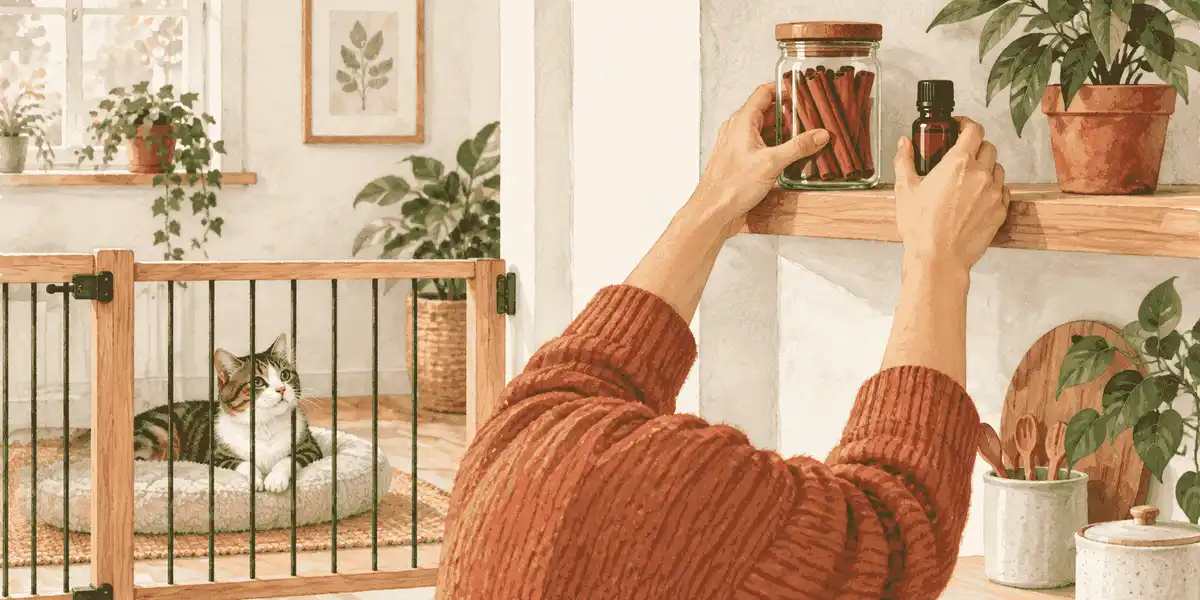 A caregiver keeps a cinnamon plant, spice jar, and small oil bottle out of reach while a cat rests behind a low indoor gate.