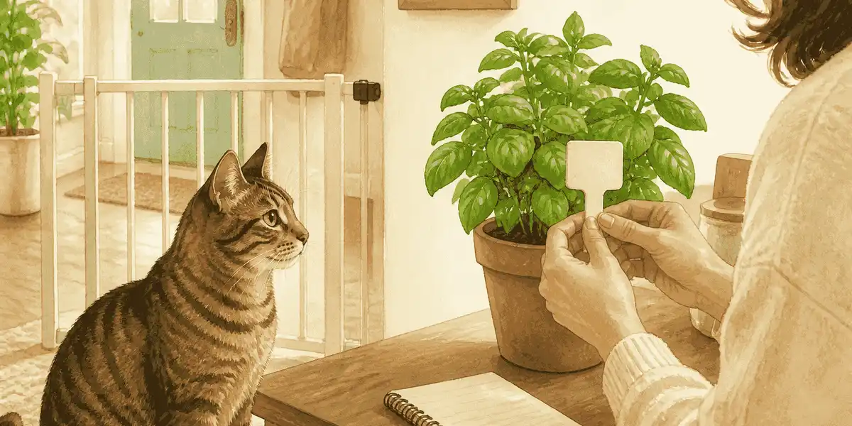 A tabby cat watches from behind a low gate while a caregiver checks a basil plant label.