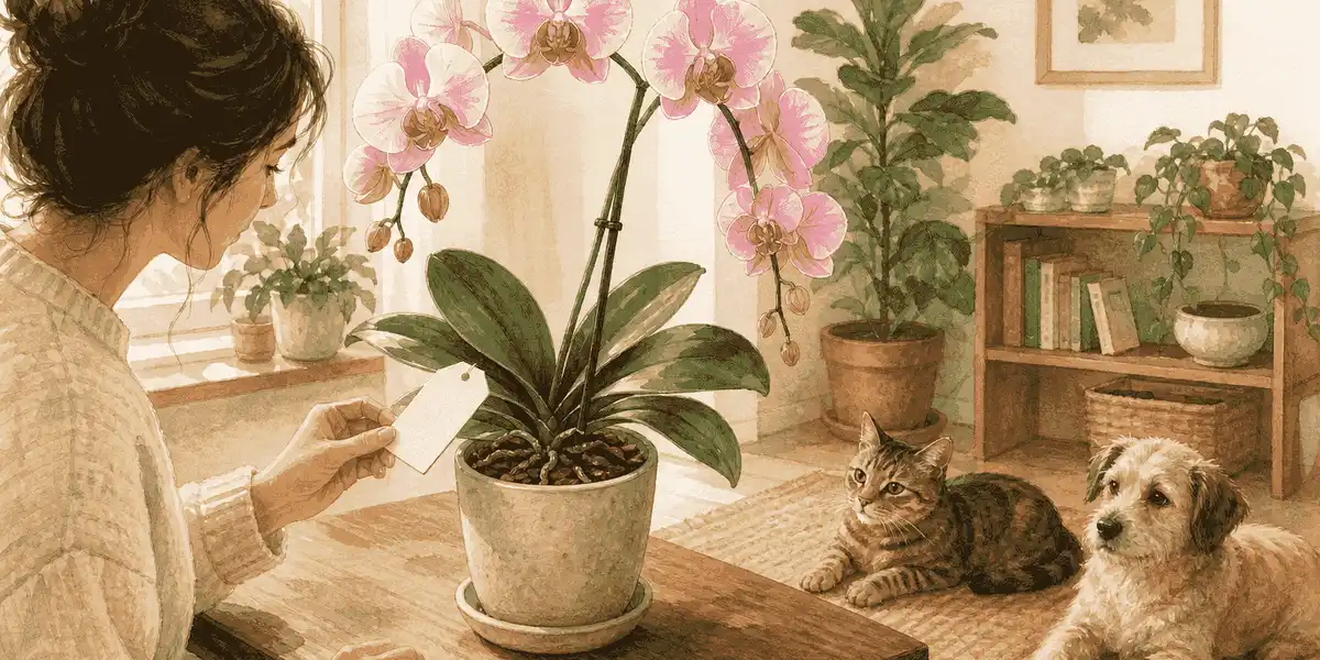 A tabby cat and small dog watch while their caregiver checks the label on a pink moth orchid.