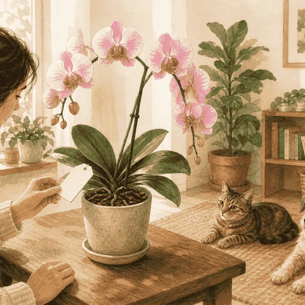 A tabby cat and small dog watch while their caregiver checks the label on a pink moth orchid.