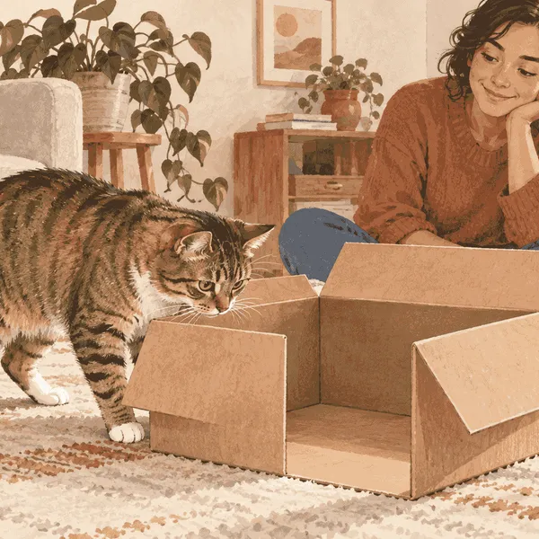 A tabby cat investigates an open cardboard box while a caregiver watches from a nearby rug.