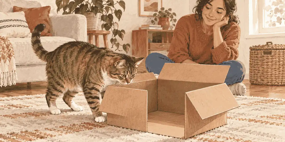 A tabby cat investigates an open cardboard box while a caregiver watches from a nearby rug.