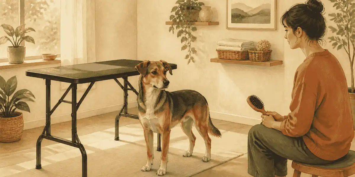 A calm mixed-breed dog stands beside an unbranded grooming table while a caregiver holds a brush at a distance.