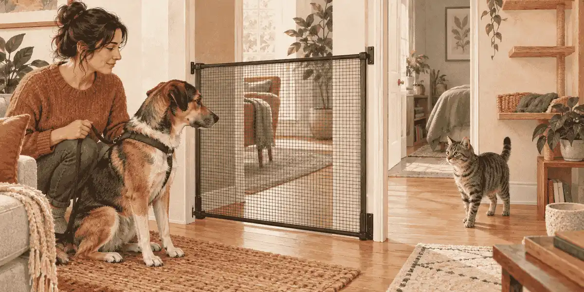 A calm dog watches two cats from behind a secure indoor barrier while a caregiver keeps both routes open.