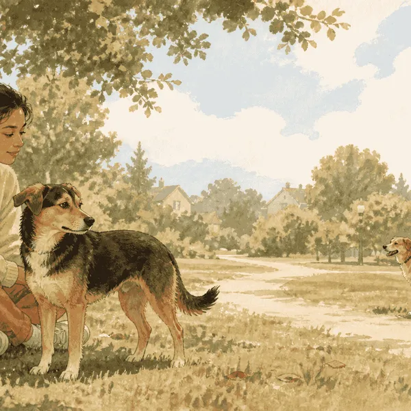A young female mixed-breed dog stands beside her seated caregiver in a quiet park while another dog and handler wait at a comfortable distance.