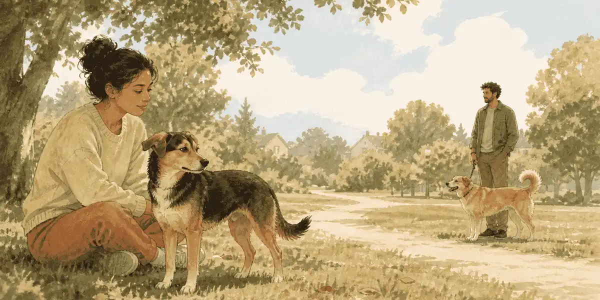 A young female mixed-breed dog stands beside her seated caregiver in a quiet park while another dog and handler wait at a comfortable distance.