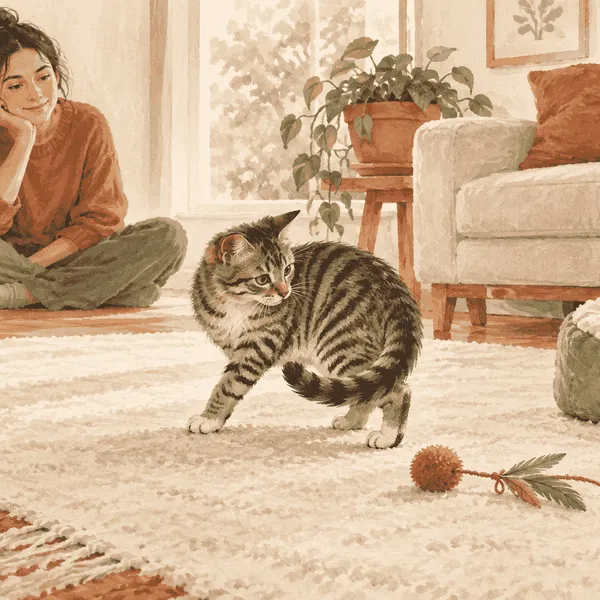 A young tabby cat pauses beside a soft toy while a caregiver watches from a calm distance.