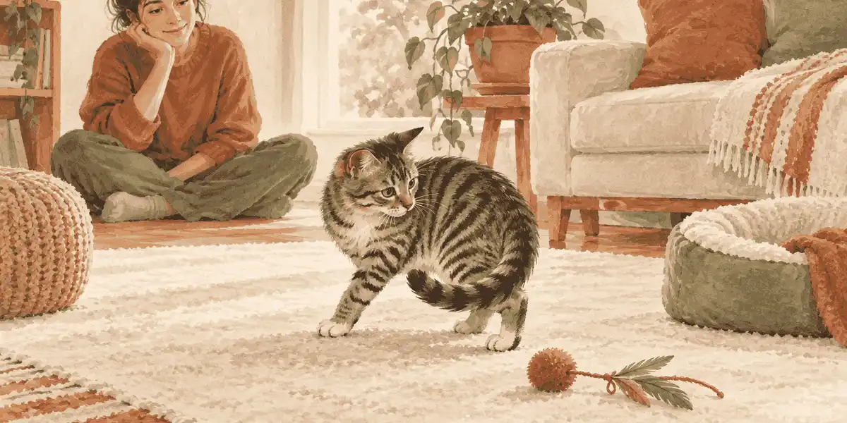 A young tabby cat pauses beside a soft toy while a caregiver watches from a calm distance.