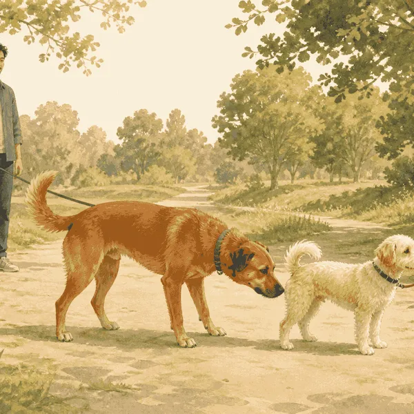 Two dogs pause several feet apart on a quiet path as one lowers its nose toward the other dog's rear while both caregivers hold loose leads.