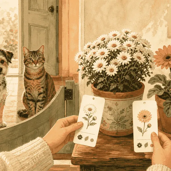 A cat and a dog watch from a doorway as a caregiver compares a chrysanthemum plant tag with a Gerber daisy tag.