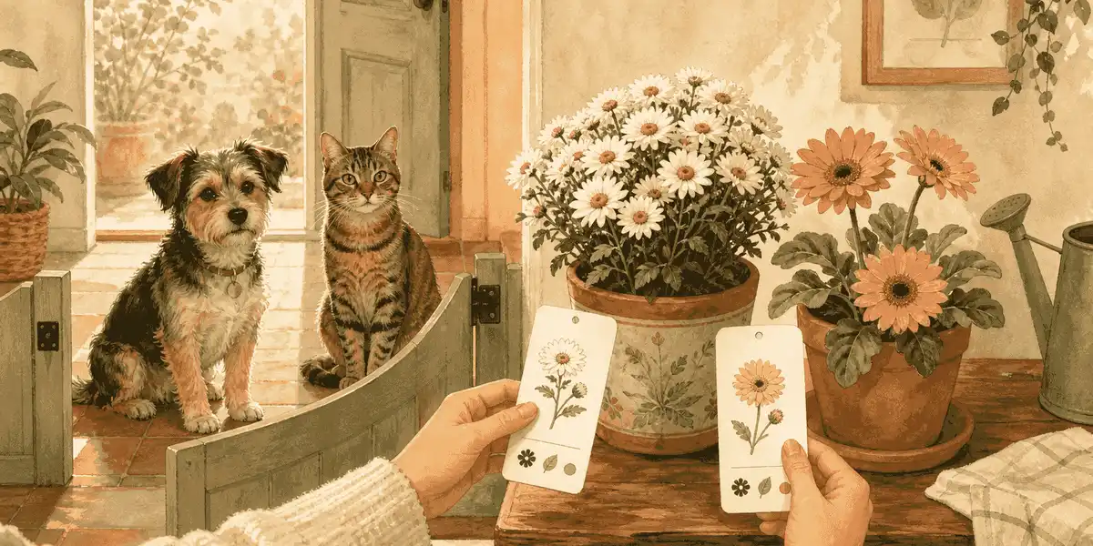 A cat and a dog watch from a doorway as a caregiver compares a chrysanthemum plant tag with a Gerber daisy tag.