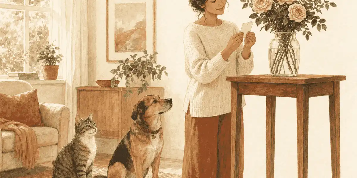 A calm cat and dog beside a secured vase of pink roses while their caregiver checks the plant label.