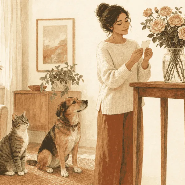 A calm cat and dog beside a secured vase of pink roses while their caregiver checks the plant label.