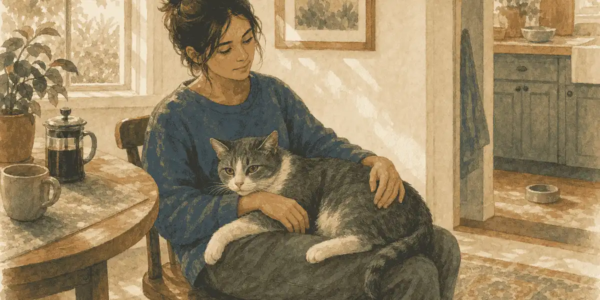 Gray-and-white cat resting across a person's lap in a sunlit breakfast nook.